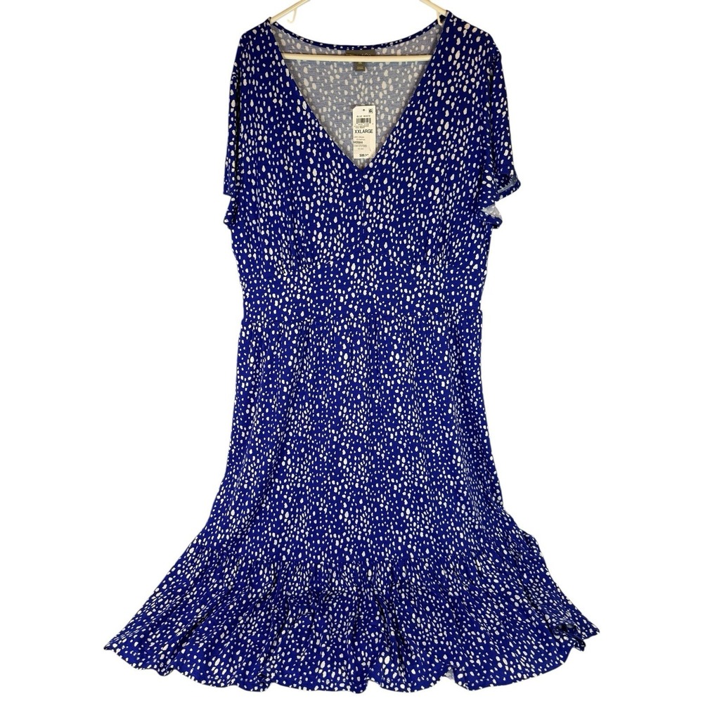 Style & Co Blue White Dot Midi Dress XXL‎ Boho Stretch Ruffle Hem NWT